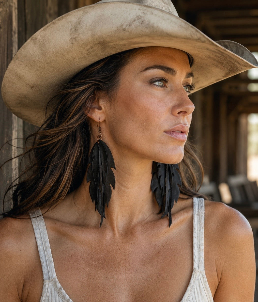 Sonora Solid - Leather Feather and fringe earrings